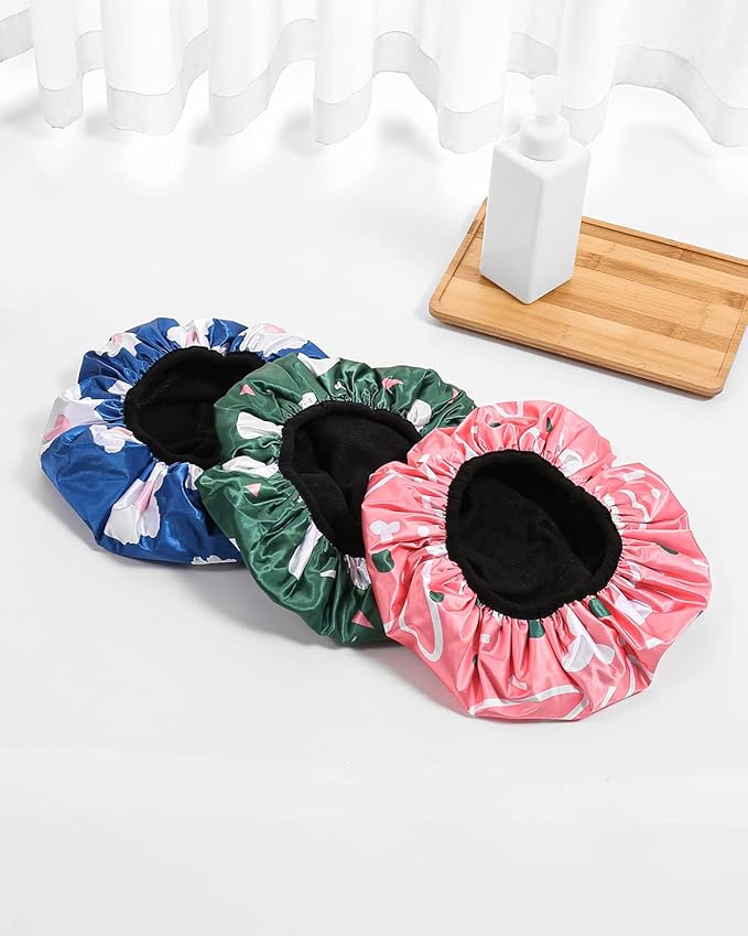 YIZIJIZI Triple Layer Reusable Waterproof Shower Cap for Women Large Terry Lined Hair Cap for Long Thick Hair Travel Bath Care Pink Flowers