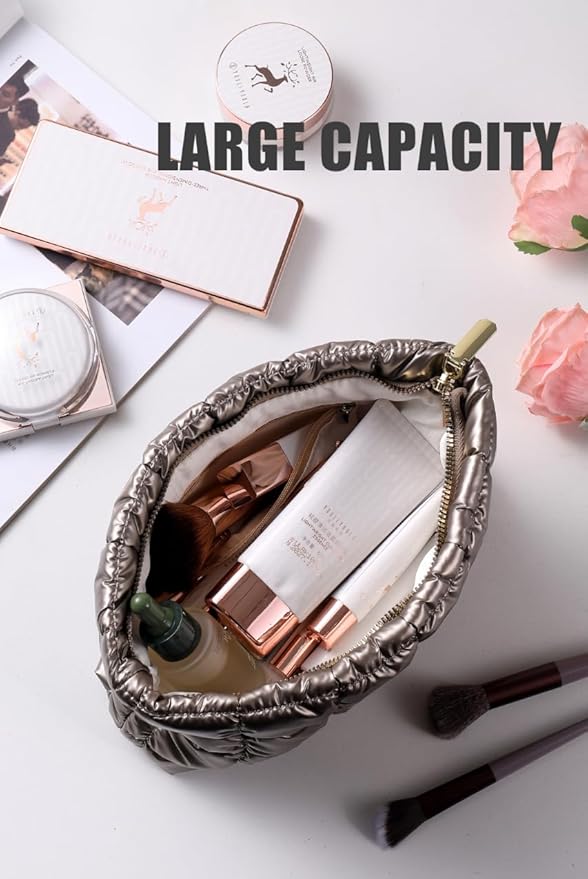 Puffy Quilted Makeup Bag, Cosmetic Bag, Travel Toiletry Organizer Pouch, Clutch for Women (Gold)