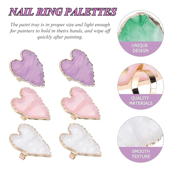 AKOAK Adjustable Mini Nail Ring Tray, Resin Nail Art Gel Makeup Plate Palette, Ring Gel Polishing Mixing Tray DIY Color Plate Nail Art Polishing Paint Plate (Heart, 3Pcs)