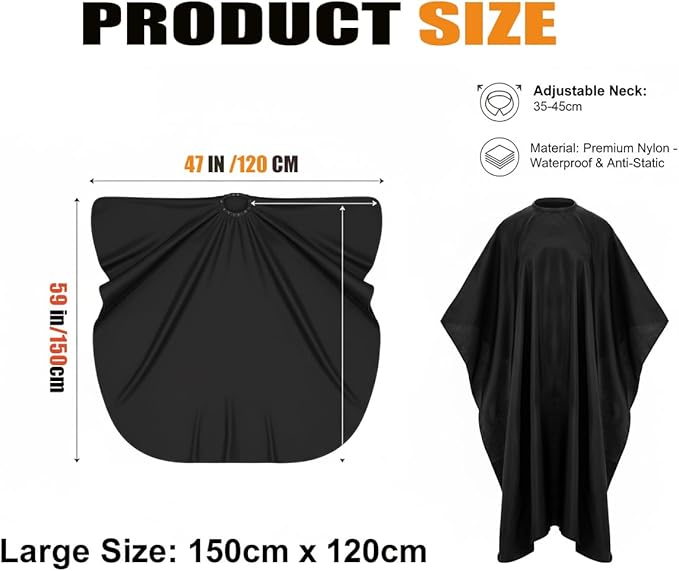 Barber Cape - 12pcs Waterproof Hair Cutting Cape with Snap Closure, Anti-Static Salon Apron for Women, Men, Kids - Professional & Home Use, Black