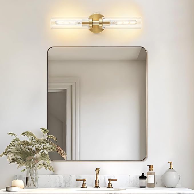 2-Light Brushed Brass Gold Bathroom Light Fixtures Over Mirror Modern Vanity Light Wall Lighting with Clear Glass Shade for Bathroom, Bedroom, Hallway, Cabinet