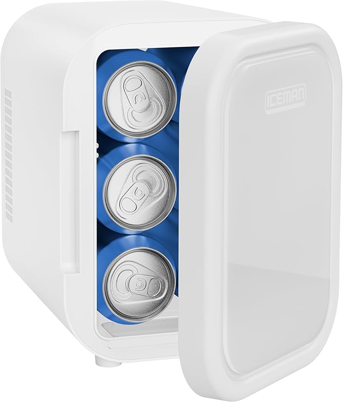 Iceman Portable Mini Fridge – Fits 6 x 12 oz Cans, Cooler and Heater Mini Fridge for Bedroom, Car, Office, Dorm and Skincare, AC/DC Car Plug-Compatible - White