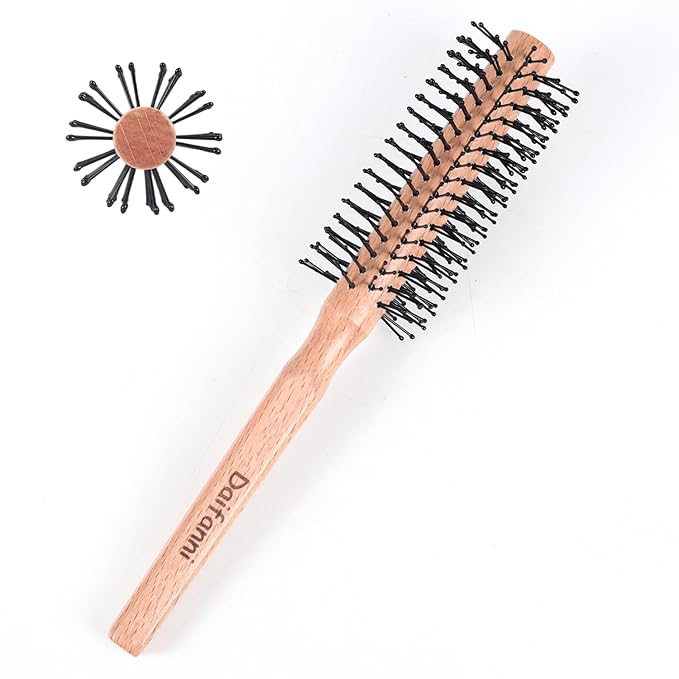 Small Round Brush for Blow Drying, Wooden Handle Roller Brush with Soft Nylon Bristles, Curling Hair Brush for Wet Hair, Bangs, Beard, Styling (Round)