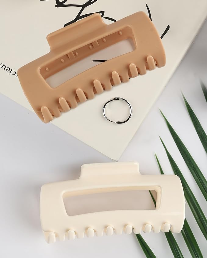 Soft & Flexible Hair Claw Clip 2-Pack, Large Squishy Claw Clips for Thick Hair, Volumizing Hair Clips with Strong Hold, Non-Slip Lightweight Hair-Pins for Women Daily Use（Coffee+Off-White）