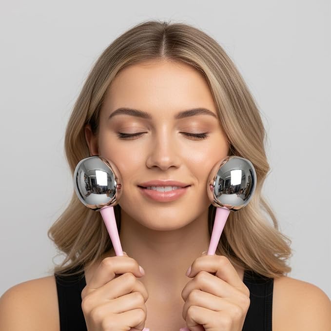 2 PCS Ice Globes for Face Massage with 1 Storage Case, Pink Facial Cooling Globes Roller for Skin Care, Beauty Tools Face Care for Puffiness, Relaxing Massaging Spa at Home