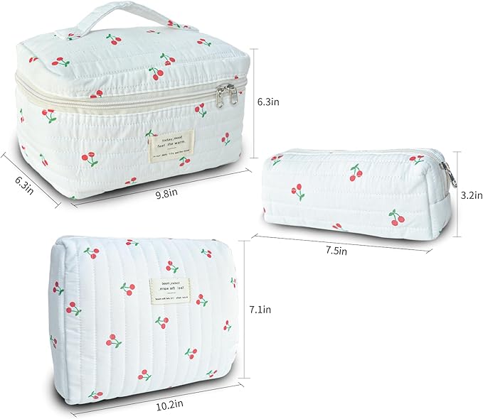 3Pcs Cotton Quilted Makeup Bag Large Travel Cosmetic Bag Coquette Makeup Pouch Cute Aesthetic Floral Toiletry Bag for Women Girls (flower-V)