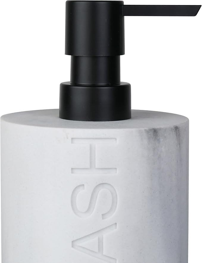 Resin White Marbled Body Wash Engraved Bottle Refillable Pump Dispenser, Durable Waterproof Construction for Bath, Shower - Resin White Marble - Matte Black Pump