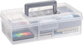 JUXYES Plastic Carry Storage Box with Removable Dividers, Clear Art Craft Supply Storage Bin Sewing Box With Handle Lid, 2 Layers Stationery Storage Case for School/Office Supplies