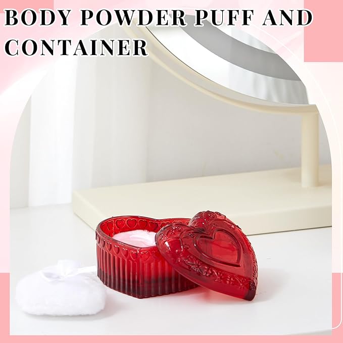 Tioncy 3 Pcs Large Body Powder Puff and Container Valentine's Day gift Powder Container with Puff Crystal Case Soft Washable Reusable Velour Face Body Glitter Wet Dry Makeup(Heart,Red)