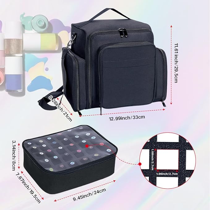 Nail Polish Organizer Holds 60 Bottles and a Nail Lamp,Portable Travel Case with 2 Removable Bags and Tools Storage Pockets Black