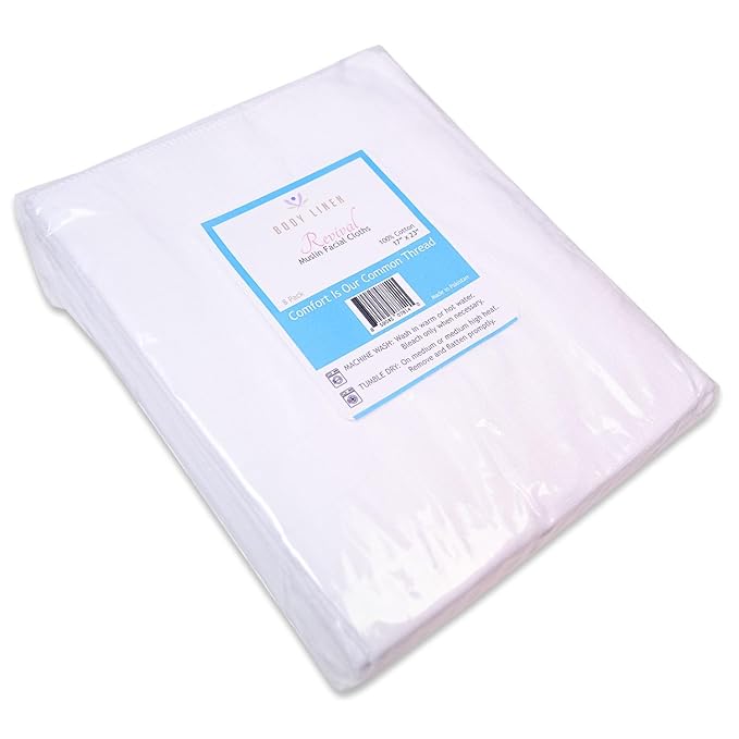 Body Linen Muslin Facial Cloths for Professional or Home Use. Super Soft 100% Cotton Muslin Weave. Perfect for Applying, Covering and Removing Facial Moisturizers and Creams - 8 Pack