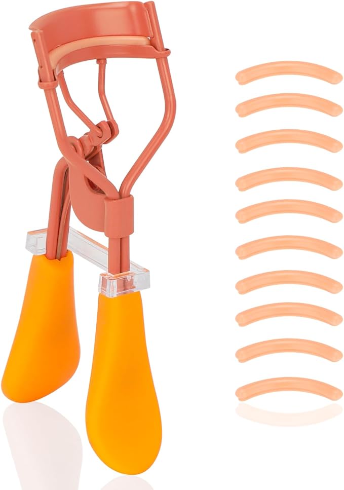 Eyelash Curler with Pads, Lash Curler with 10 Extra Silicone Replacement Pads, Comfortable Grip for Effortless Curling – Eyelashes for The Perfect Eye Contour (Honeydew Orange)