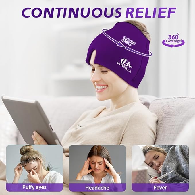 Migraine Relief Cap, Soothing Headache Ice Face Mask Products, Hot and Cold Therapy, Migraine Headache Relief Cap for Migraine, Sinus, Puffy Eyes, Tension, Stress and Hangover (Pink+Purple)
