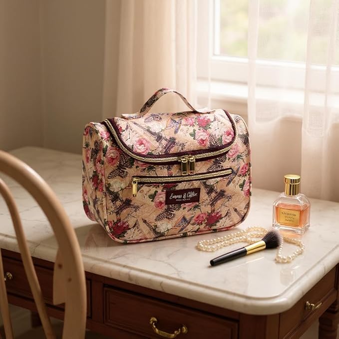 Emma & Chloe Large Cosmetic Case Makeup Organizer, Toiletry Bag for Women | 4 Section Waterproof Travel Make Up Organizing Bags (Pretty in Paris)
