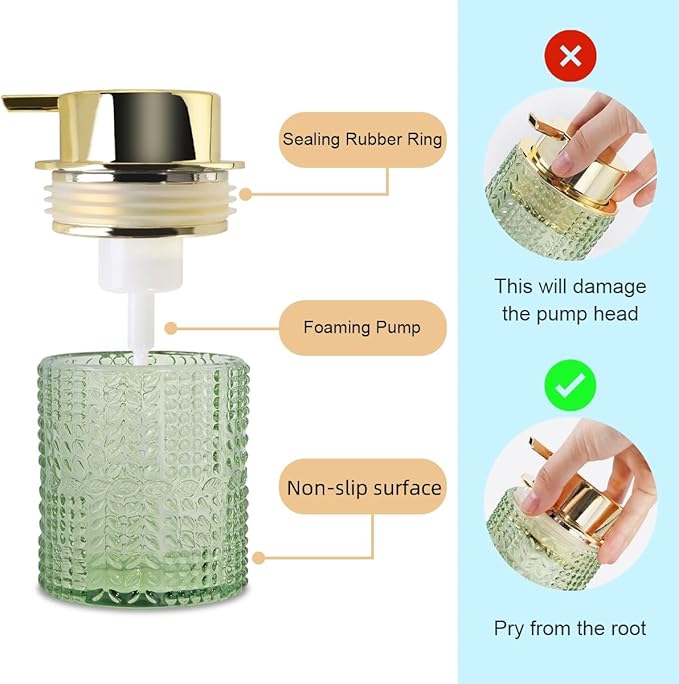 Foaming Soap Dispenser, 10 Oz Glass Foam Hand Soap Dispenser with Gold Pump, Refillable Bathroom Lotion Container Pump Bottle with Vintage Pattern, Green