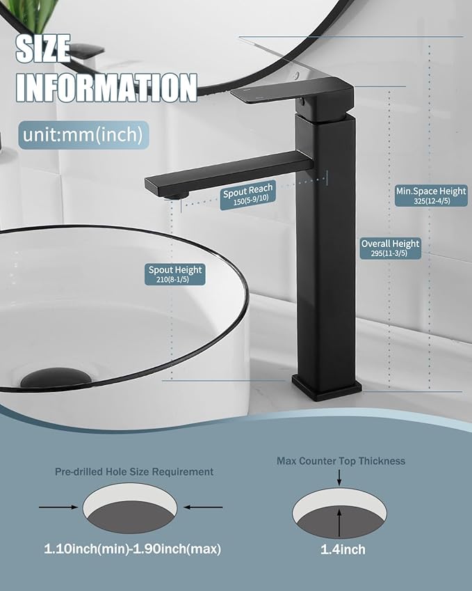 Bathroom Faucets(2 Sets),Matte Black Bathroom Faucet with Pop-up Drain and Supply Hoses,Single Hole High Barrel Vanity Faucet for Vessel Sink,Single Handle Stainless Steel RV Faucet
