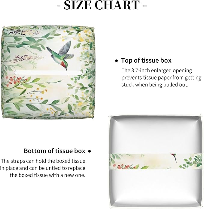 Green Leaves Hummingbird Spring Tissue Box Cover Watercolor Floral Square Leather Tissue Holder Decorative Facial Tissue Cube Paper Cover Case Organizer for Bathroom Night Stands Desk Home