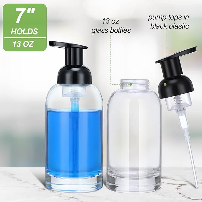 Eccliy 4 Pack 13 Oz Clear Glass Jar Soap Dispenser with Foaming Pump, Clear Thick Hand Liquid Dish Soap Dispenser Round Bottles for Bath Home Kitchen Oil Lotion