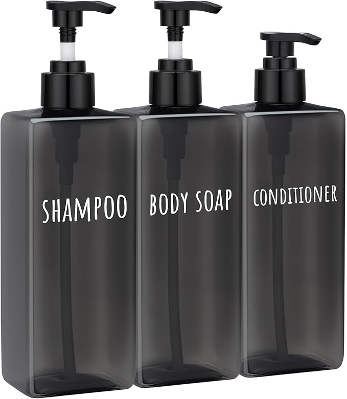 Segbeauty 16.9oz Black Shampoo and Conditioner Dispenser, 3pcs Refillable Plastic Empty Body Lotion Soap Dispenser Liquid Hand Gel Container for Bathroom, 500ml Pre-Printed Large Pump Bottles Kitchen