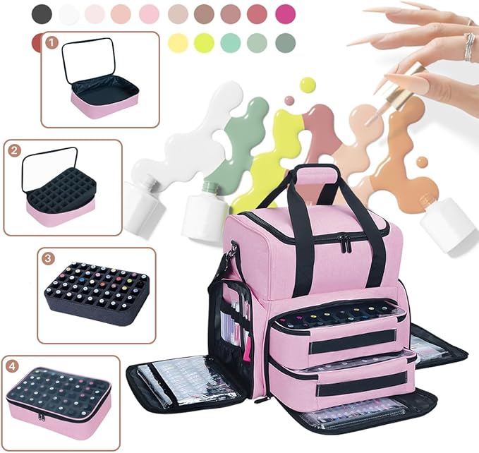 Nail Polish Organizer Case Holds 80 Bottles (15ml - 0.5 fl.oz) and a Nail Lamp,Nail Polish Case with 2 Removable Bags and Tools Storage Sections Pink