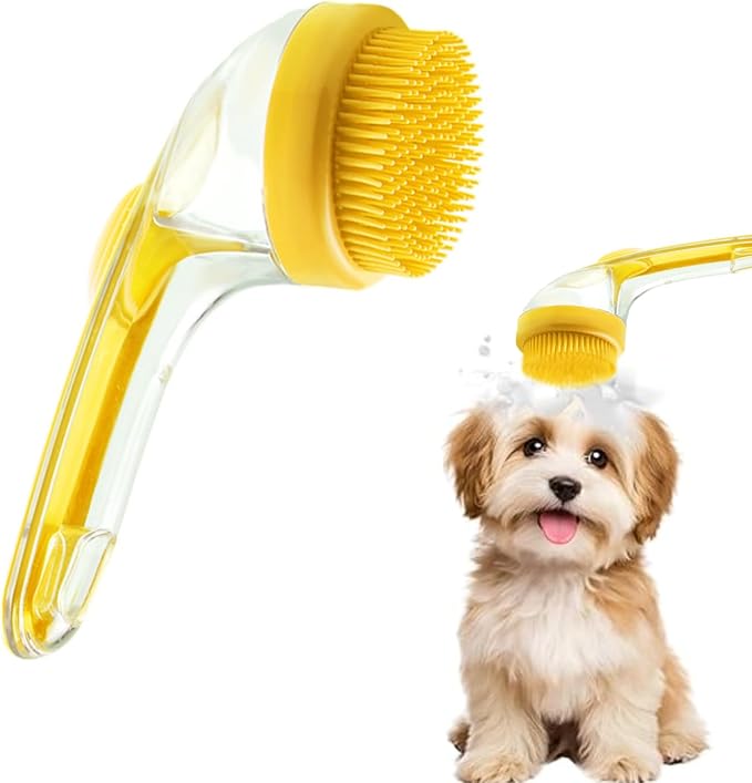 Dog Bath Brush, 2 in 1 Pet Grooming Bath Massage Brush with Soap and Shampoo Dispenser Soft Silicone Bristle Dog Scrubber for Long Short Haired Dogs Cats Shower-Yellow