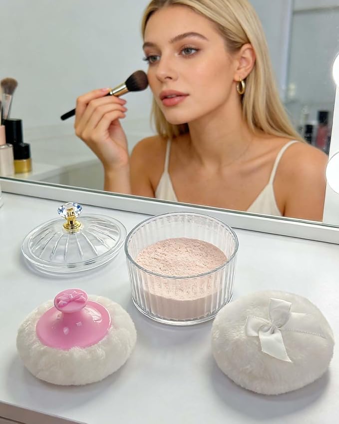 5Pcs Dusting Powder Container with Puff Set - 4 Pcs 3.15 inche Large Fluffy Puff, Leak-Proof Acrylic Case & Ergonomic Handle for Baby Care & Makeup (Body/Face Powder Applicator)