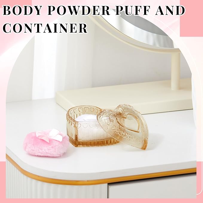 Tioncy 3 Pcs Large Body Powder Puff and Container Valentine's Day gift Powder Container with Puff Crystal Case Soft Washable Reusable Velour Face Body Glitter Wet Dry Makeup(Heart,Amber)