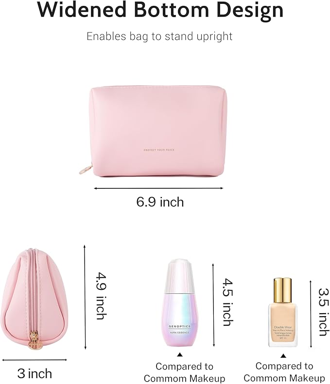 Aveniee Travel Makeup Bag Small, Vegan Leather Cosmetic Pouch for Purse, Wide-open Toiletry Organizer with Dividers & Zipper for Women-Pink