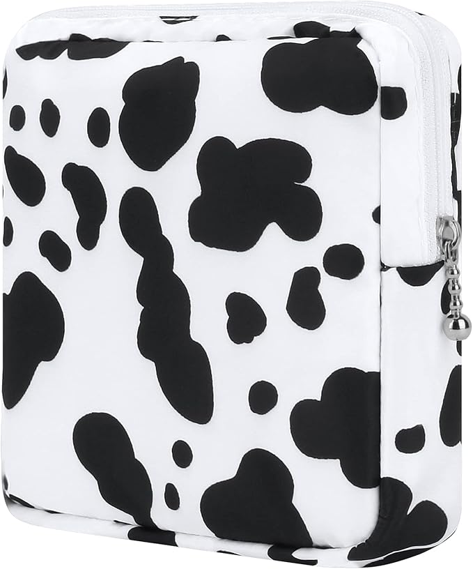 Desing Wish Sanitary Pad Storage Bag Portable Period Bag for Teen Pads/Sanitary Napkins/Small Tampons, Sanitary Napkin Storage Bag First Period Gifts for Teen Girls (Cow)