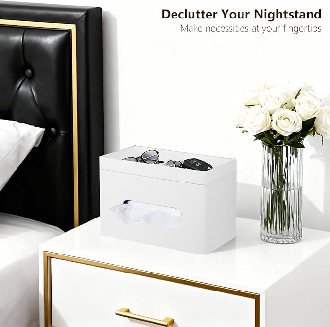 Fanousy Large Tissue Box Cover Rectangle with Tray on Top, PU Leather Facial Tissue Holder with Storage, Fits 230-Count Family Size Kleenex, Modern Nightstand Organizer for Bathroom Office Home Decor