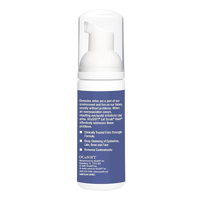 OCuSOFT Oust Demodex Foam Cleanser - Extra Strength - Foaming Cleanser for Eyelids & Eyelashes with Tea Tree Oil - Eyelid Cleanser to Remove Oil, Debris & Pollen - 1.68 fl oz