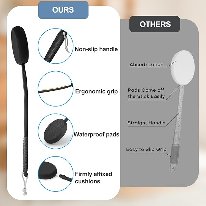 FY&XZH Lotion Applicator for Back, Feet & legs, Long Plastic Handle Moisturizer Cream, Self Tanning, Sunscreen, Ointment, Medicine Back Applicator for Elderly Men or Women with 4 Washable Pads (Dark)