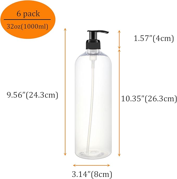 6 Pack 32 oz Shampoo and Conditioner Dispenser Bottles with Pump for Conditioner, Soap, Lotions, 32 oz Empty Plastic Pump Bottle Dispenser with Labels Funnel, Chalk,Pen