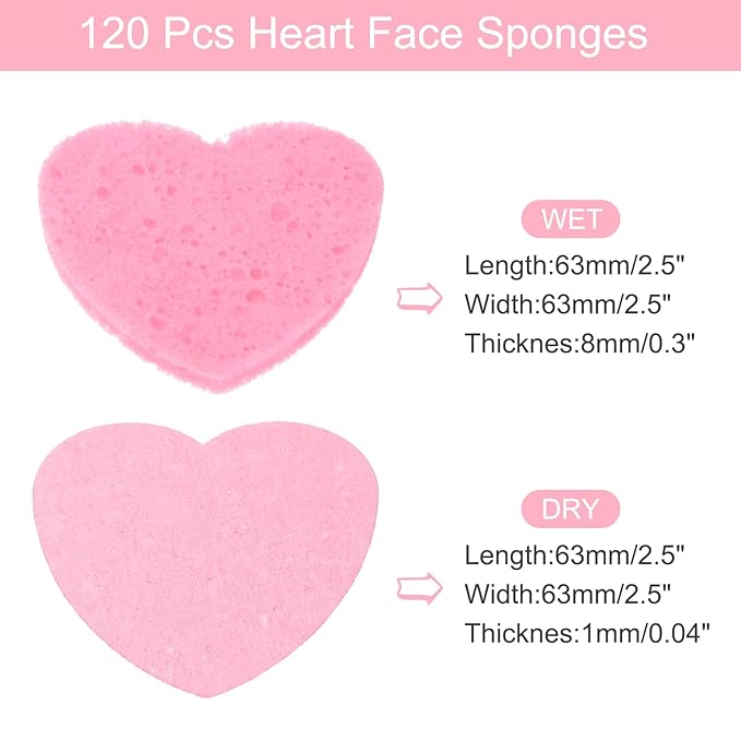 uxcell 120 Count Compressed Facial Sponges Heart-Shaped Face Cleansing Sponges Pads for Daily Skincare Routines at Home, Kitchen, Travel, Black/White/Blue/Purple/Pink/Yellow