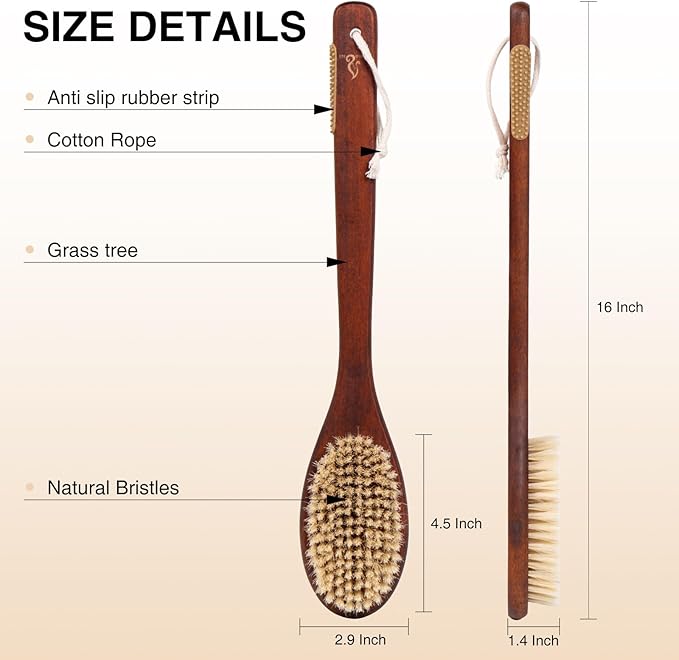 Wooden Bath Brush with Gentle Bristles Long Handle for Shower Back Scrubber Body Exfoliator (Gental Boar Bristle)