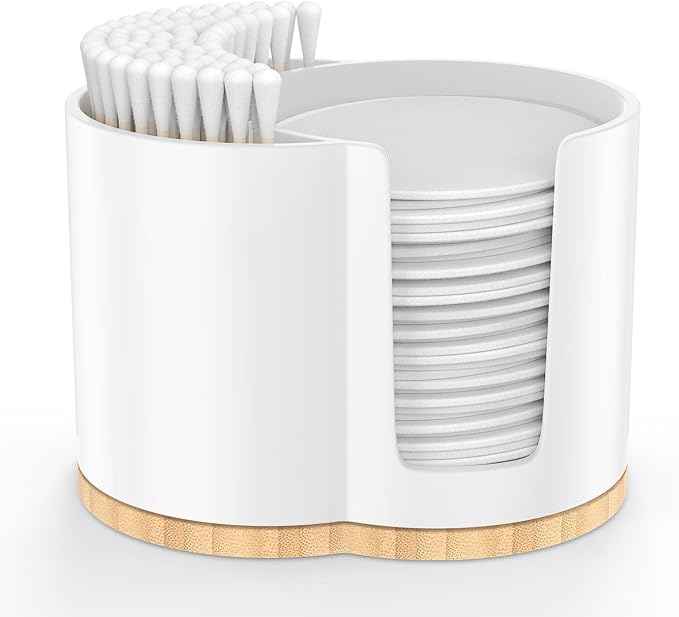 Cotton Pad and Swab Holder, Q tip Holder Round Cotton Pad Dispenser Plastic Cotton Swabs Dispenser, Bathroom Accessories Storage Organizer for Cotton Pads Floss Picks, White