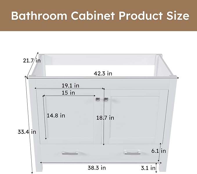 Montary 42" Bathroom Vanity Without Sink, Modern Stylish MDF Bathroom Storage Cabinet, Freestanding Vanity with 2 Doors and One Large Divided Drawer, White (NOT Include Sink)