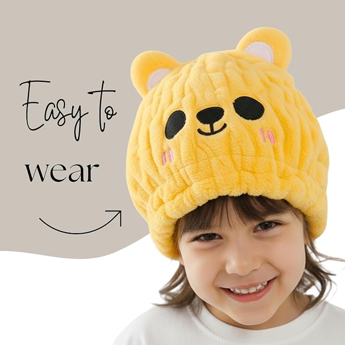 Microfiber Hair Towel Wrap for Kids, Yellow Bear Dry Hair Cap Suck Water, Absorbent Quick Girls Boys Hair Drying Towel, Lightweight Bouncy Hat Headscarf