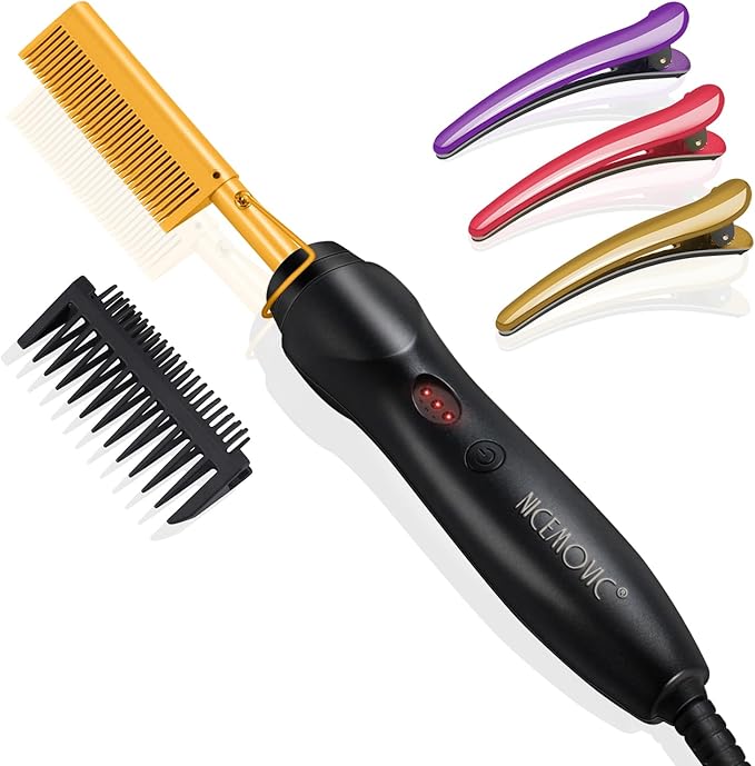 NICEMOVIC Ceramic Heating Hair Straightener Comb - Hot Pressing Brush for Natural Black Hair, Beard Wigs, and Curling (Gold)