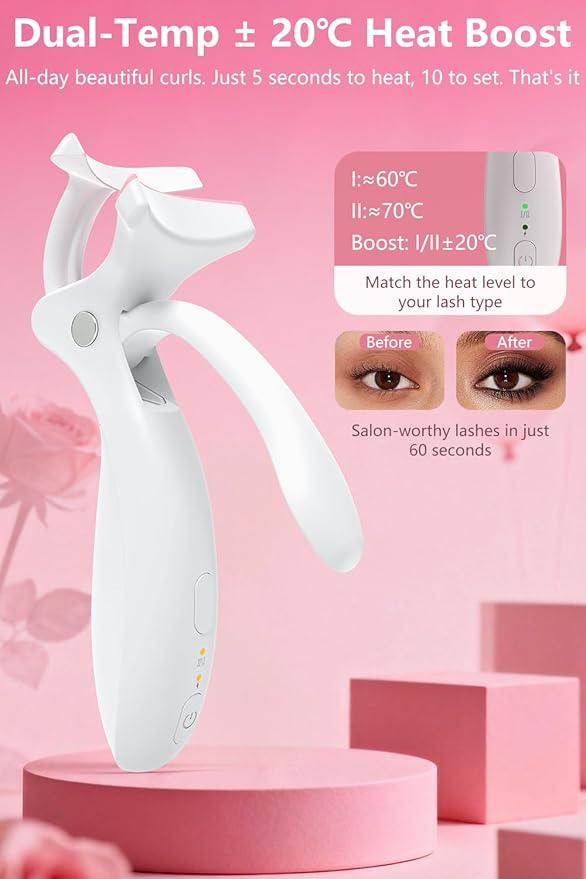 KOKABI Rechargeable Heated Eyelash Curler: Fast 5s Heat up, 24 Hours Long Lasting, Electric Lash Curler with Temperature Control, Safe Anti-Burn Eye Lash Curler, Quick Natural Curling Lashes (White)