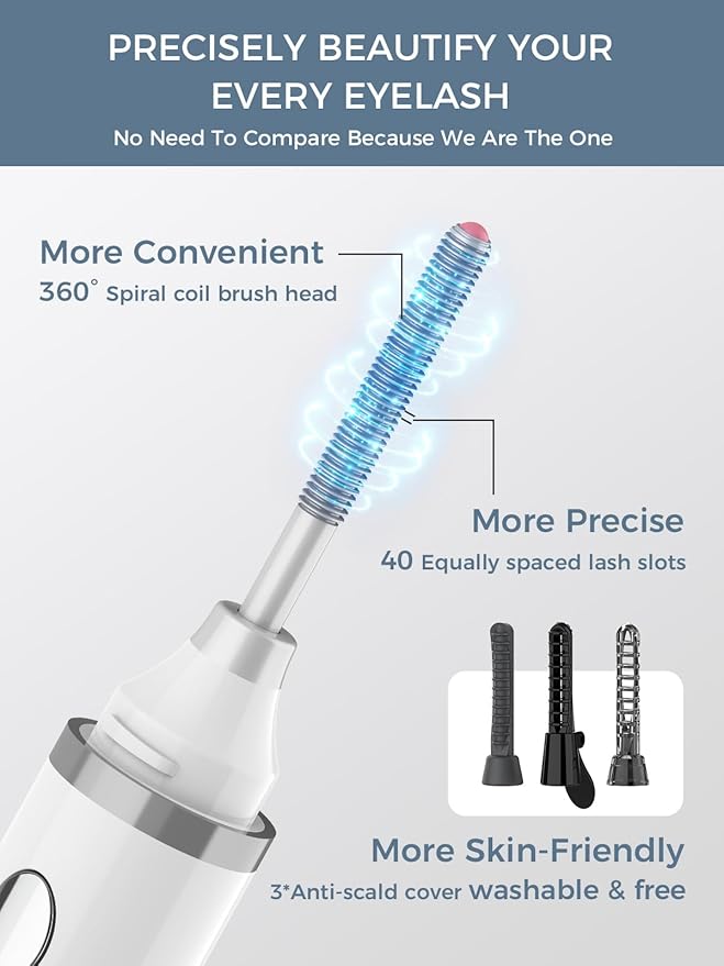 Smiling Shark Heated Eyelash Curler, 360°Wand-Style Heated Eyelash Curler Comb with 3 Brush Heads & 3 Temp & 5s Fast Heating【Lengthen/Define/Curler】 3-in-1 Lash Curler for All Types of Lashes