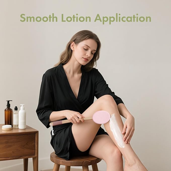 AmazerBath Lotion Applicator for Back, Feet, 2 Replacement Pads with 17" Curved Handle, Back Sunscreen Applicator for Kids, Elderly, Women, Apply Cream Medicine Moisturizer Tanner, Pink