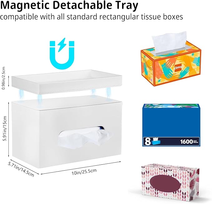 PU Leather Tissue Box Cover Rectangle with Detachable Storage Tray,Fits 230-Count Box Tall Rectangular,Modern Decorative Tissue Box Holder/Organizer for Bathroom,Bedroom Dresser,Night Stand