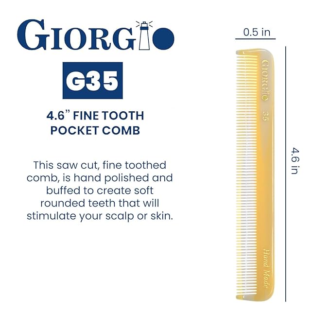 Giorgio G35 Handmade Fine Tooth Comb for Men, Mustache and Beard Comb for Everyday Grooming or Styling Hair, Saw Cut and Hand Polished (4.6")