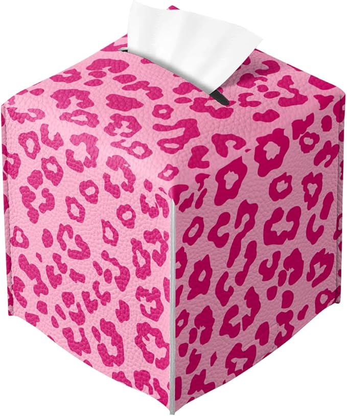 Leopard Print Tissue Box Cover Cute Animal Pink Square PU Leather Waterproof Tissue Box Holder for Car Bathroom Bedroom Office Tabletop Decor
