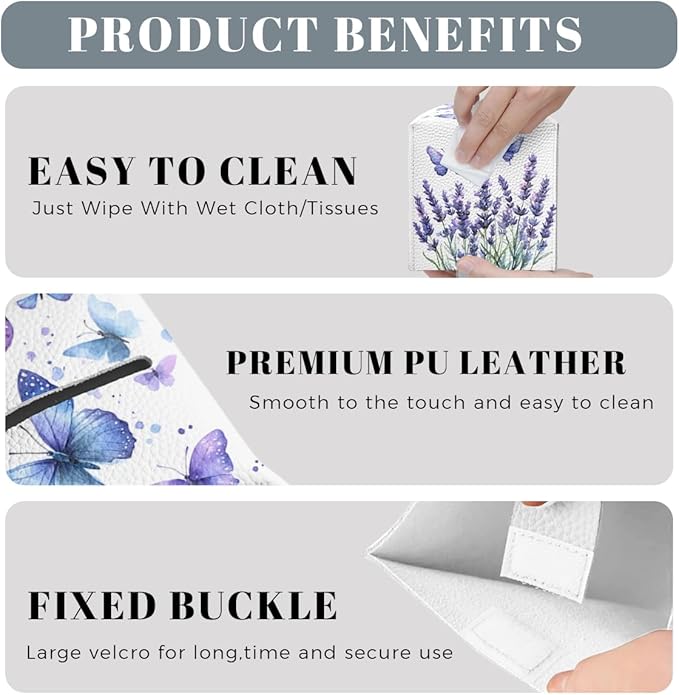 Butterfly Tissue Box Cover Purple Lavender Blossoms French Garden Leather Tissue Box Holder Square Facial Paper Organizer Dispenser for Car Bathroom Bedroom Office Tabletop Decor