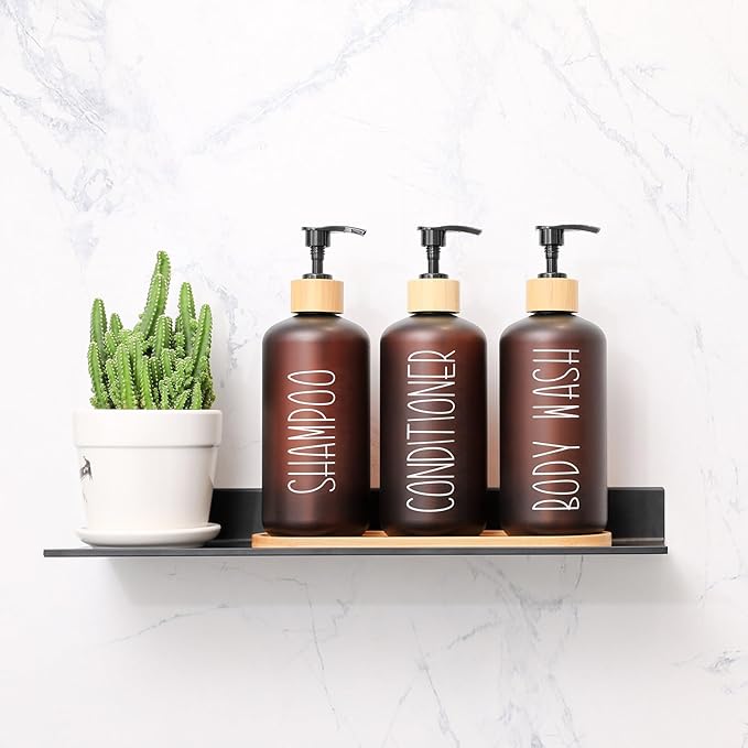 MOMEEMO Amber Shower Dispenser Set, Contains 3 Extra-Thick PET Plastic Bottles with Bamboo Pumps, Shampoo and Conditioner Dispenser for Shower Perfect for Modern Bathroom Decor. (Amber)