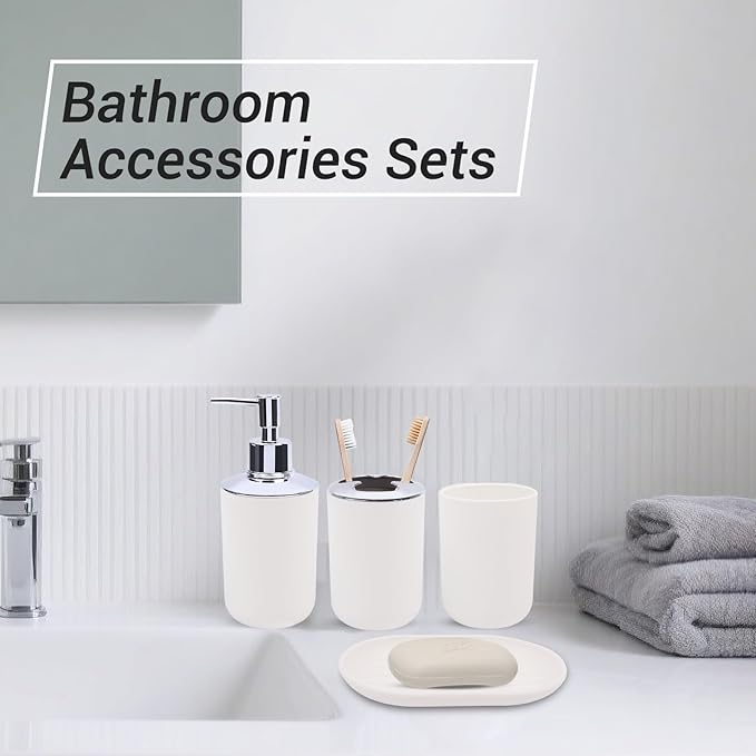 4 Piece Bathroom Accessories Set, Plastic Bathroom Accessory Set, Toothbrush Holder, Toothbrush Cup, Soap Dispenser, Soap Dish, White
