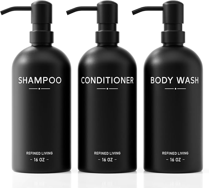 Shampoo and Conditioner Dispenser Set,3 Refillable 16oz Bottles with Stainless Steel Pumps – Shower Soap Dispensers for Bathroom, Hotel or Airbnb (Black, 3-Pack)