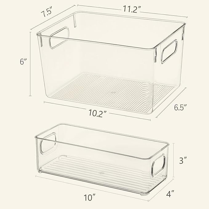 Clear Storage Bins 8 Pack for Pantry Organizers, 4 Large Plastic Pantry Organizer Bins and 4 Small Stackable Storage Containers for Kitchen Cabinet, Home Edit, Freezer Fridge Organizer